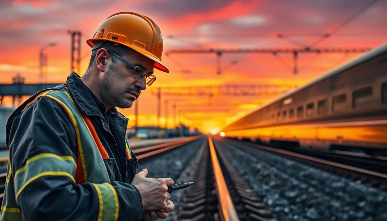Track Inspection by a professional inspector amid railway infrastructure under a vibrant sunset.