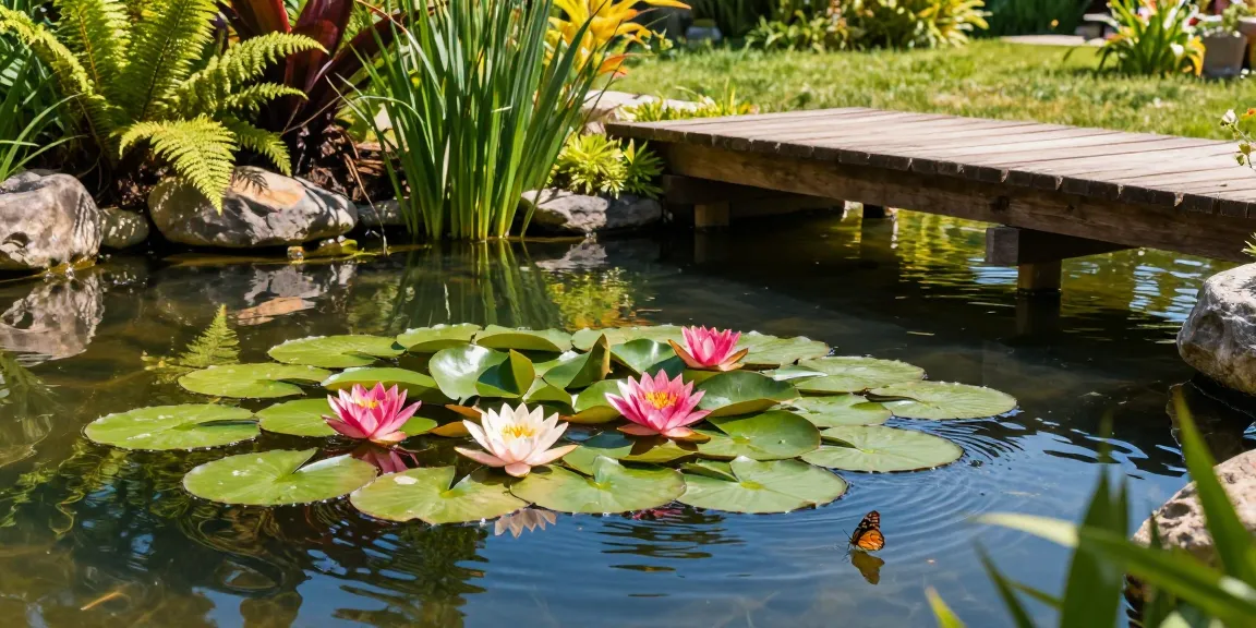 Water Lilies floating serenely on pond with lush greenery and gentle sunlight illuminating the scene.