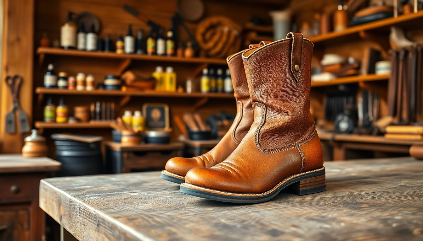 Conditioning oil-tanned leather boots resting on a workbench, showcasing rich texture and craftsmanship.