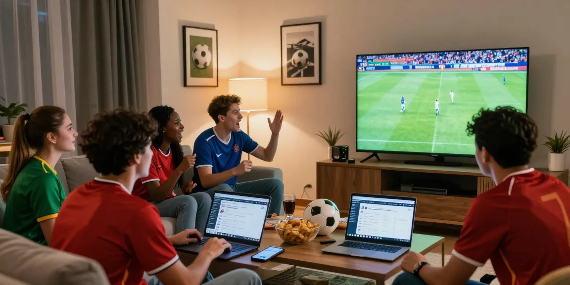 Nonton bola dengan teman-teman di ruang tamu modern, suasana hangat dengan tayangan HD.