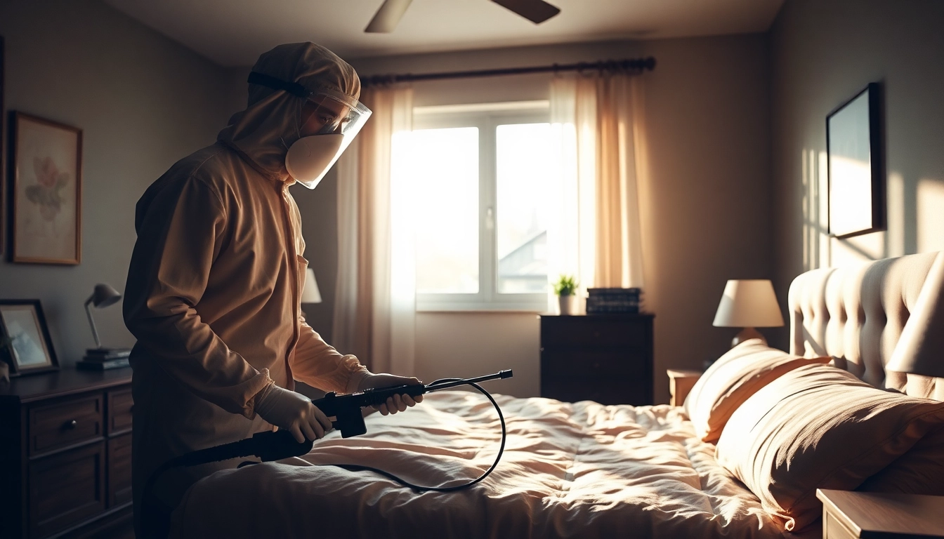 Exterminator conducting bed bug treatment in a residential bedroom for effective pest control.