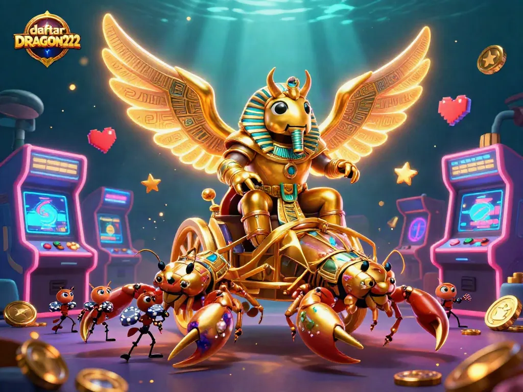 Action-packed scene showcasing 'daftar DRAGON222' with golden scarabs, scorpions, and casino elements.
