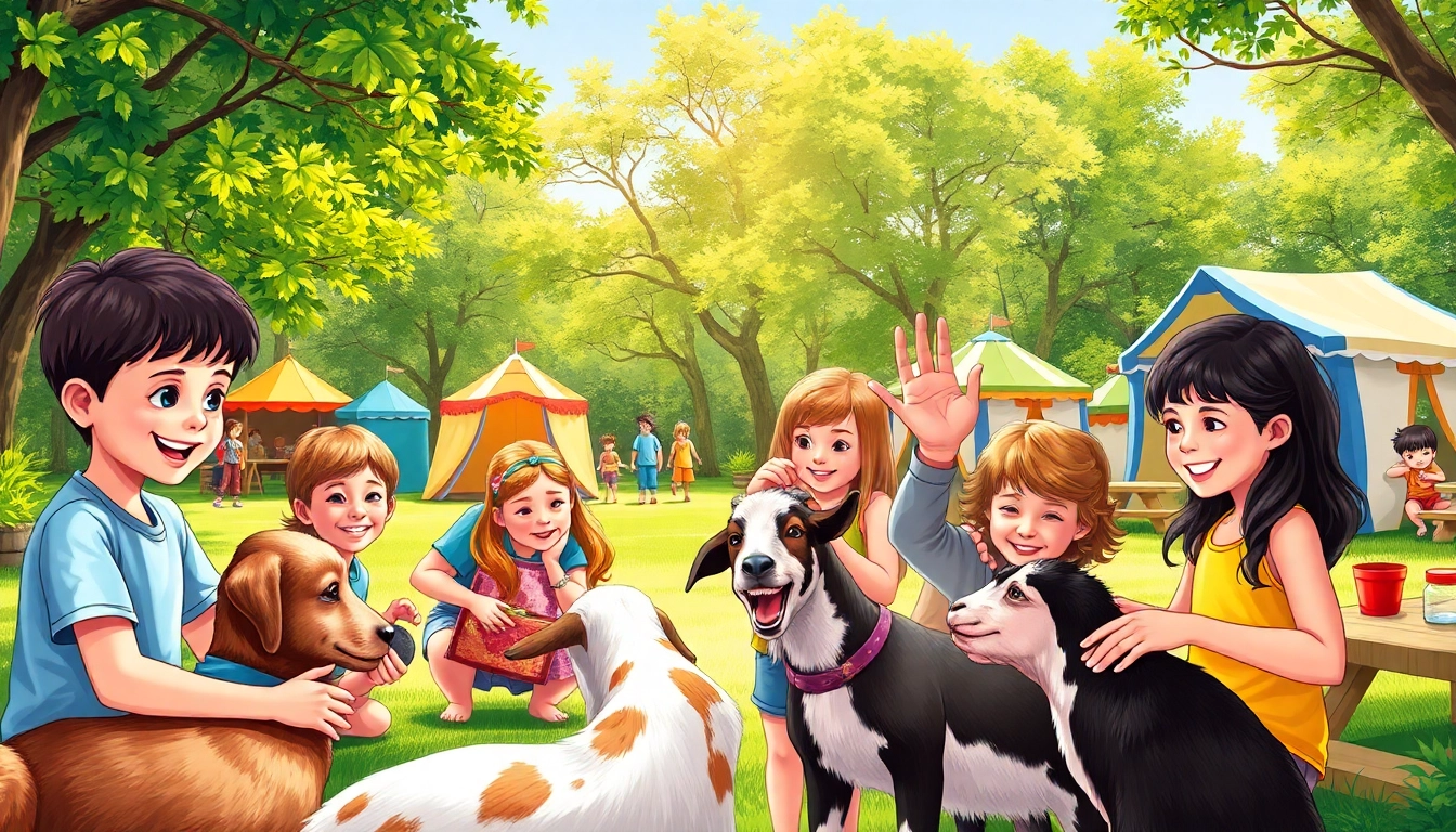Children participating in animal summer camps for kids, enjoying hands-on interaction with various animals.