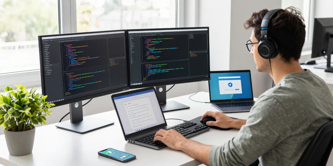 Developer coding 纸飞机中文版 on dual monitors in a modern workspace.