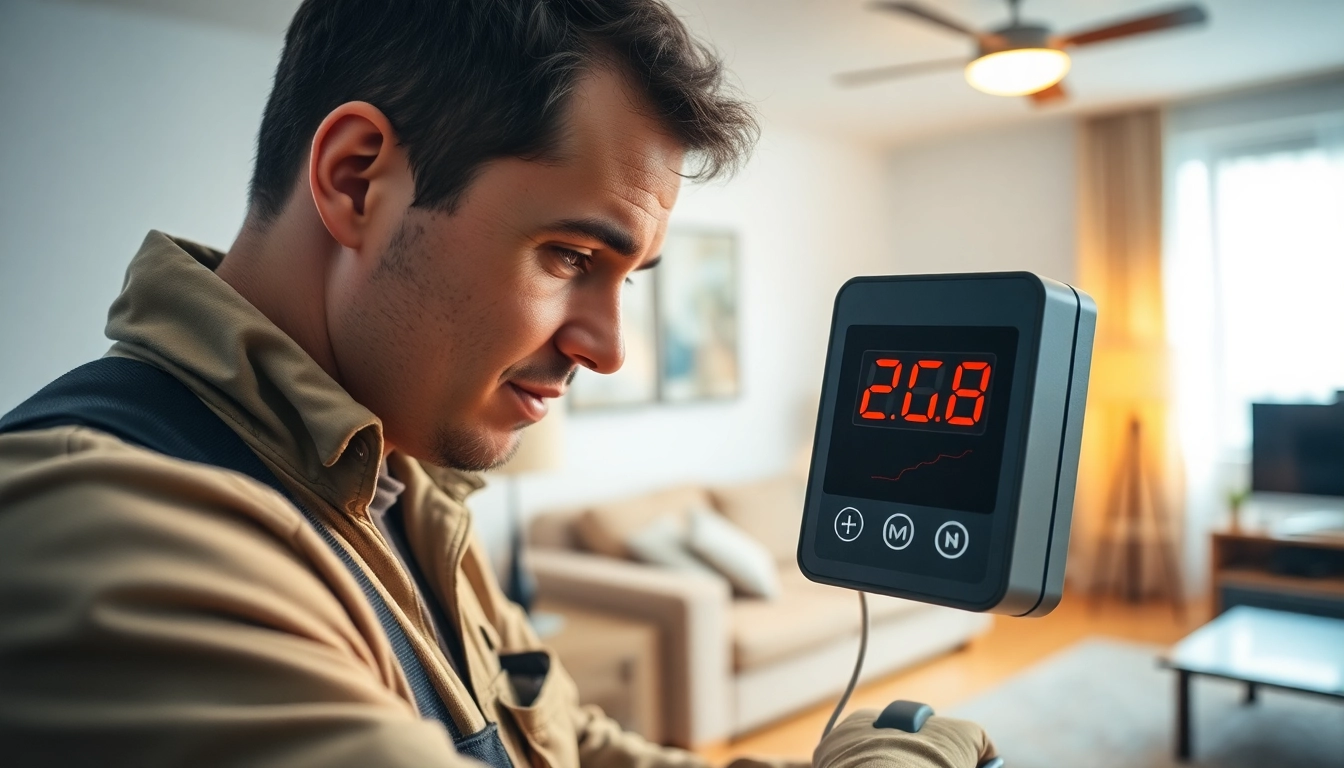 Technician performing bed bug heat treatment with specialized equipment in a comfortable home environment.