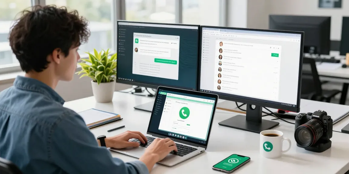 WhatsApp下載 in a modern office workspace with a professional using the app on a laptop and smartphone, featuring vibrant decor and natural light.