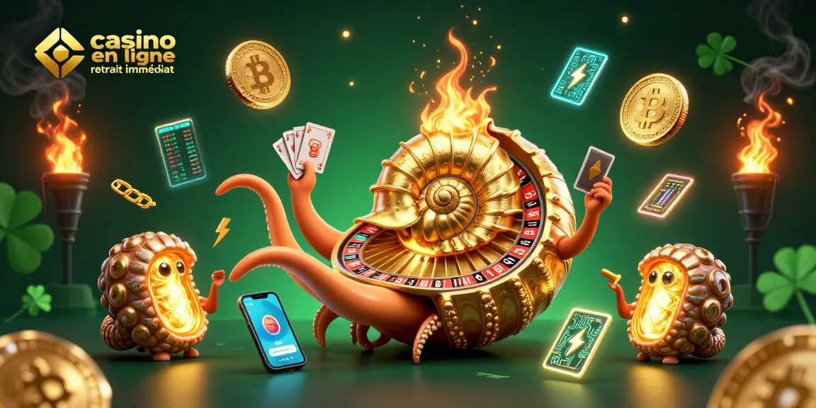Jouez au casino en ligne retrait immédiat avec un nautilus géant et des pièces de crypto-monnaie étincelantes.