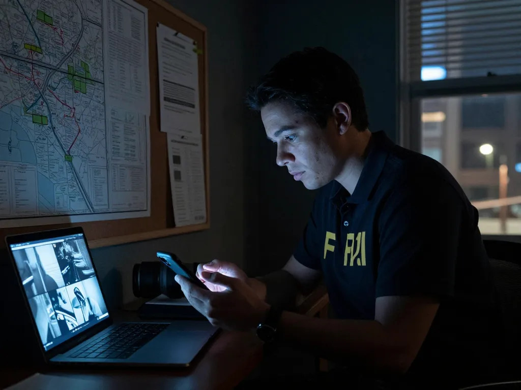 Intense moment from Night Agent Season showcasing FBI agent analyzing intelligence alerts surrounded by classified documents.