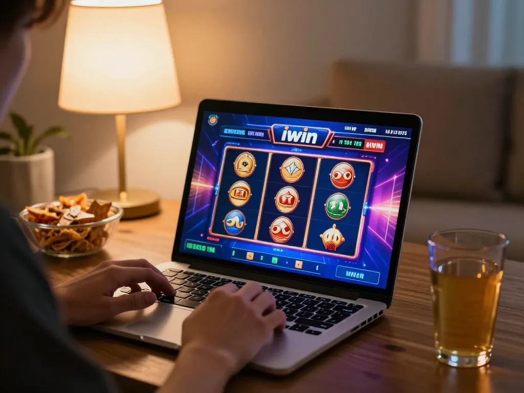 Engaging in an iwin game on a laptop in a cozy home setting with warm lighting.