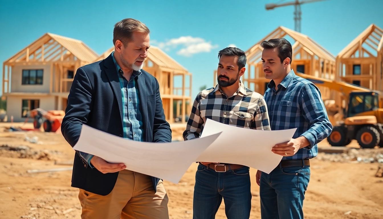 Engaged residential building developer collaborating on a construction project with a team.