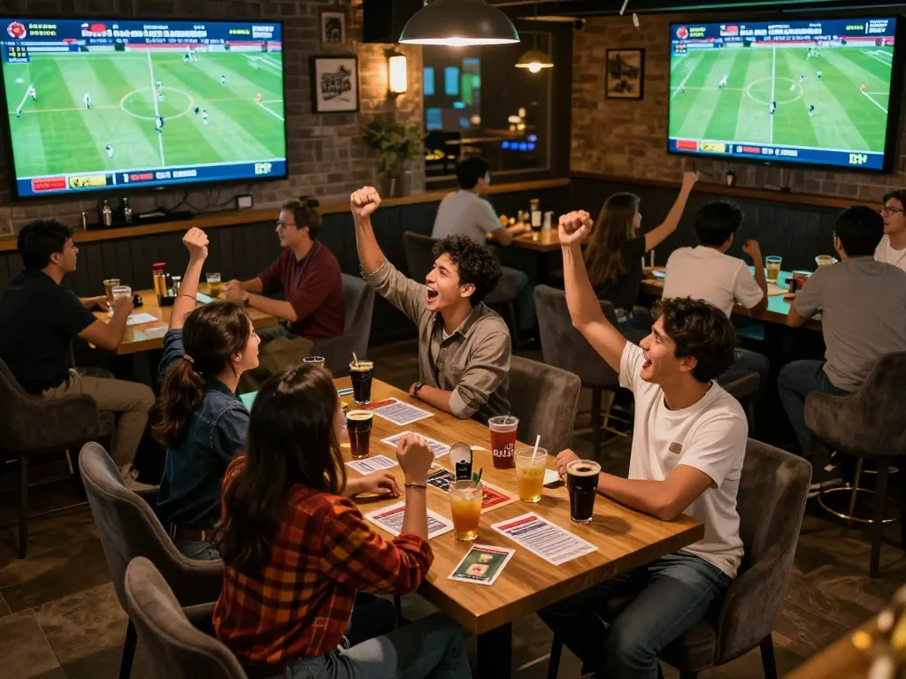 Excited fans watching Trực tiếp bóng đá CakhiaTV at a sports bar with drinks and betting slips.