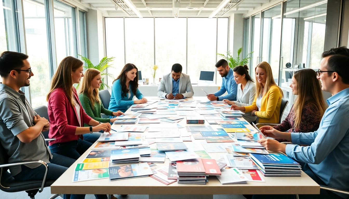 Engaging direct mailing company team brainstorming over marketing materials in a bright workspace.
