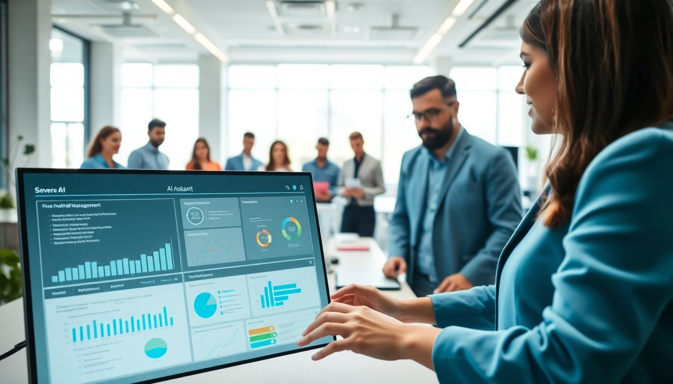 Enterprise ai assistant facilitating teamwork in a modern office setting with vibrant digital tools.