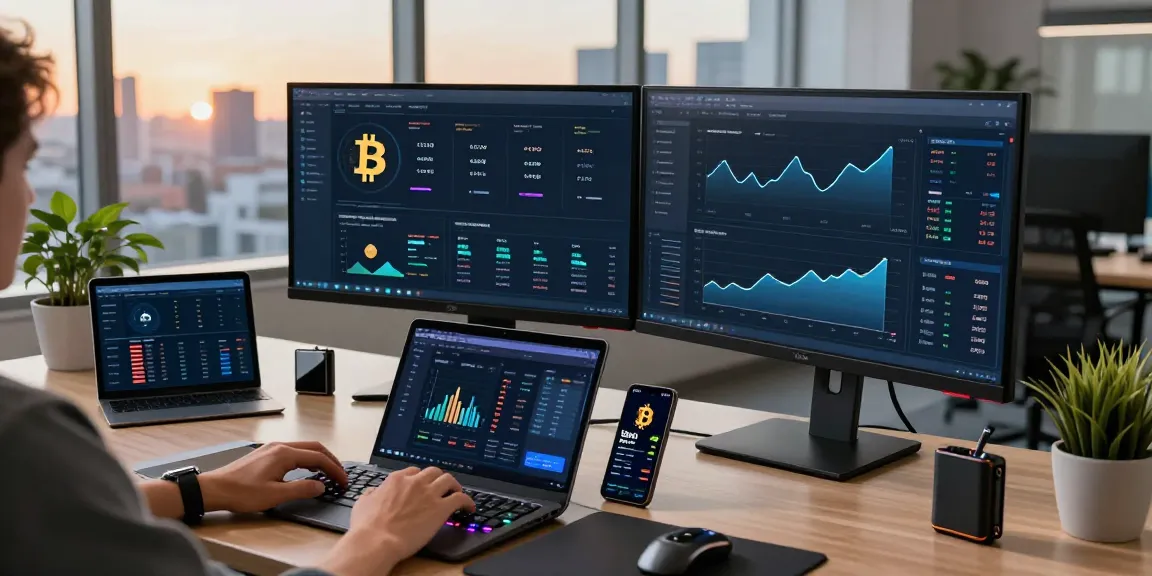Cloud mining crypto workspace with advanced trading setup, displaying Bitcoin stats and DeFi opportunities.