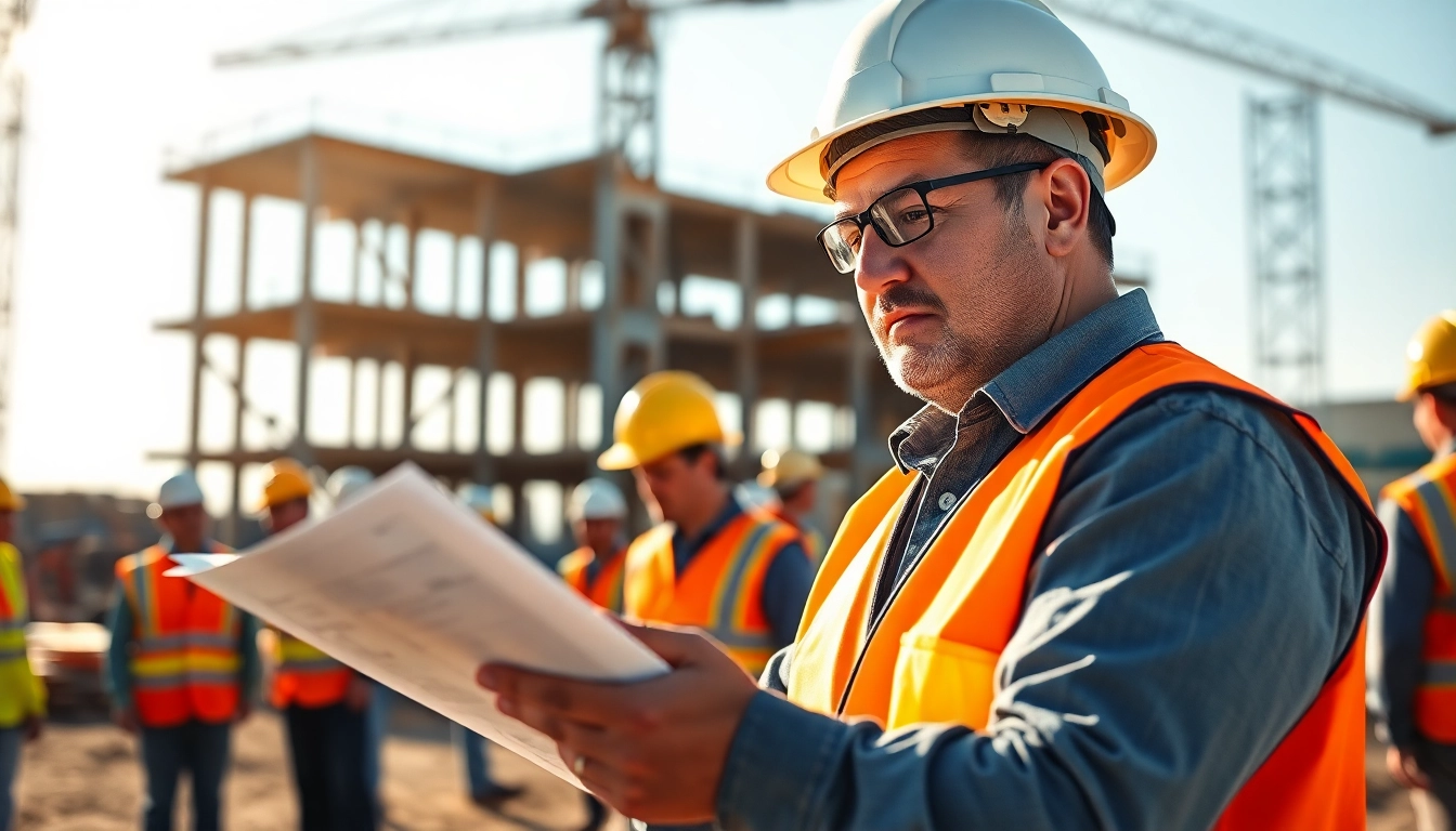 New Jersey Construction Manager reviewing blueprints on a bustling construction site.