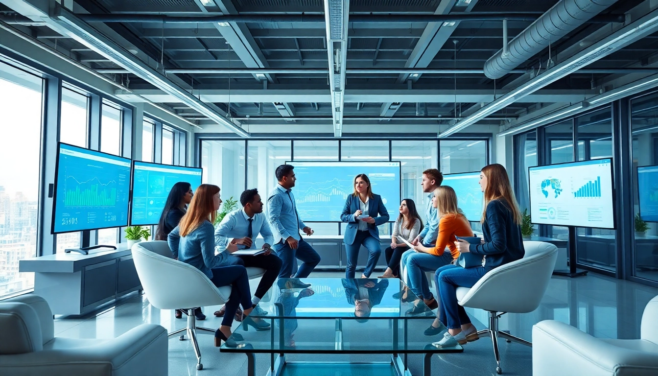 Team utilizing enterprise search tools in a modern office setting with advanced technology.