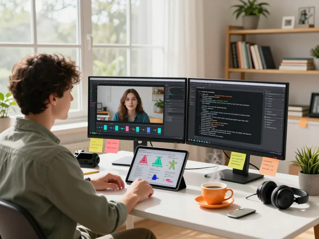 Professional using video to prompt ai in a bright workspace with screens displaying generated prompts.