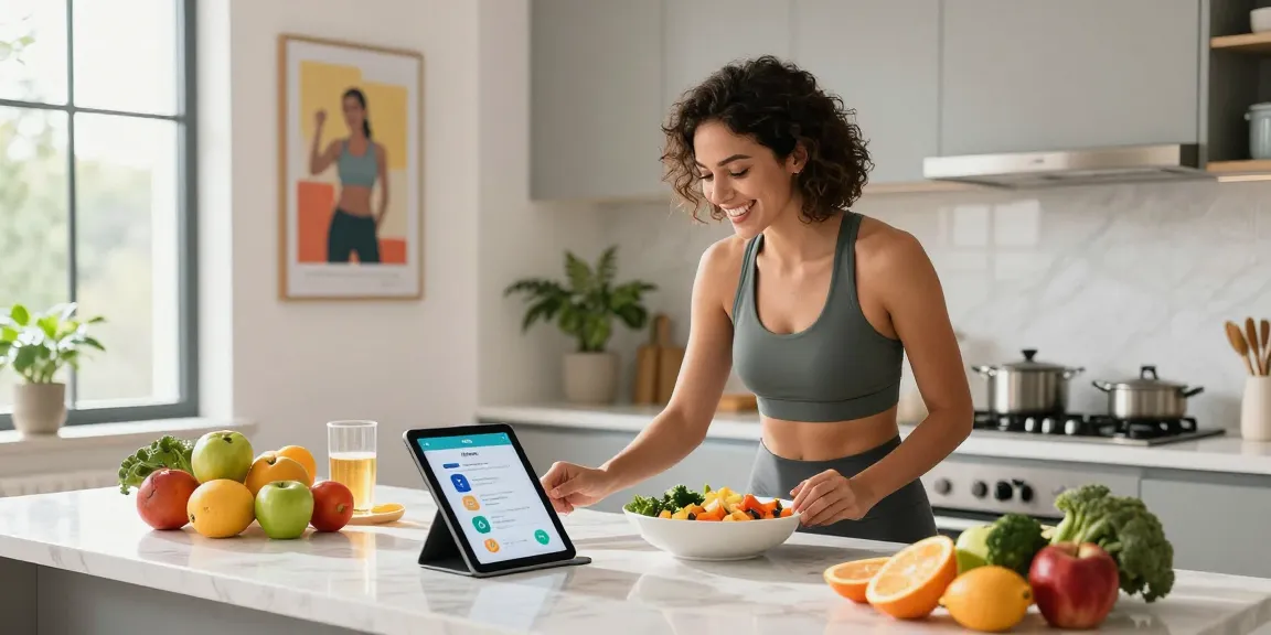 Healthy individual using the best AI macro tracker app while preparing a balanced meal in a bright kitchen.