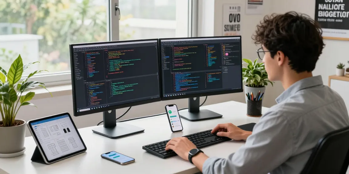 Modern tech workspace showcasing a developer engaged in coding at their workstation related to 纸飞机官网.