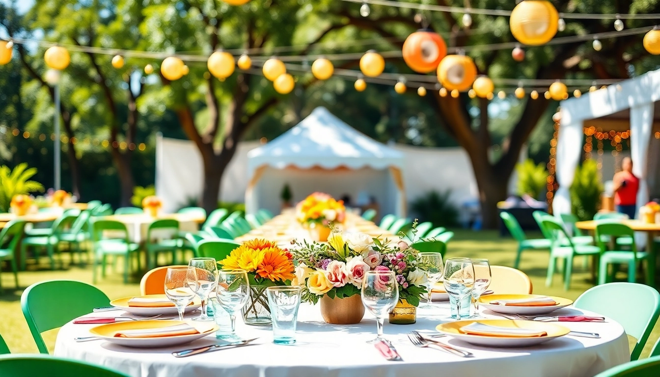 Showcasing Event Rentals with beautifully arranged outdoor gathering tables and vibrant decorations.