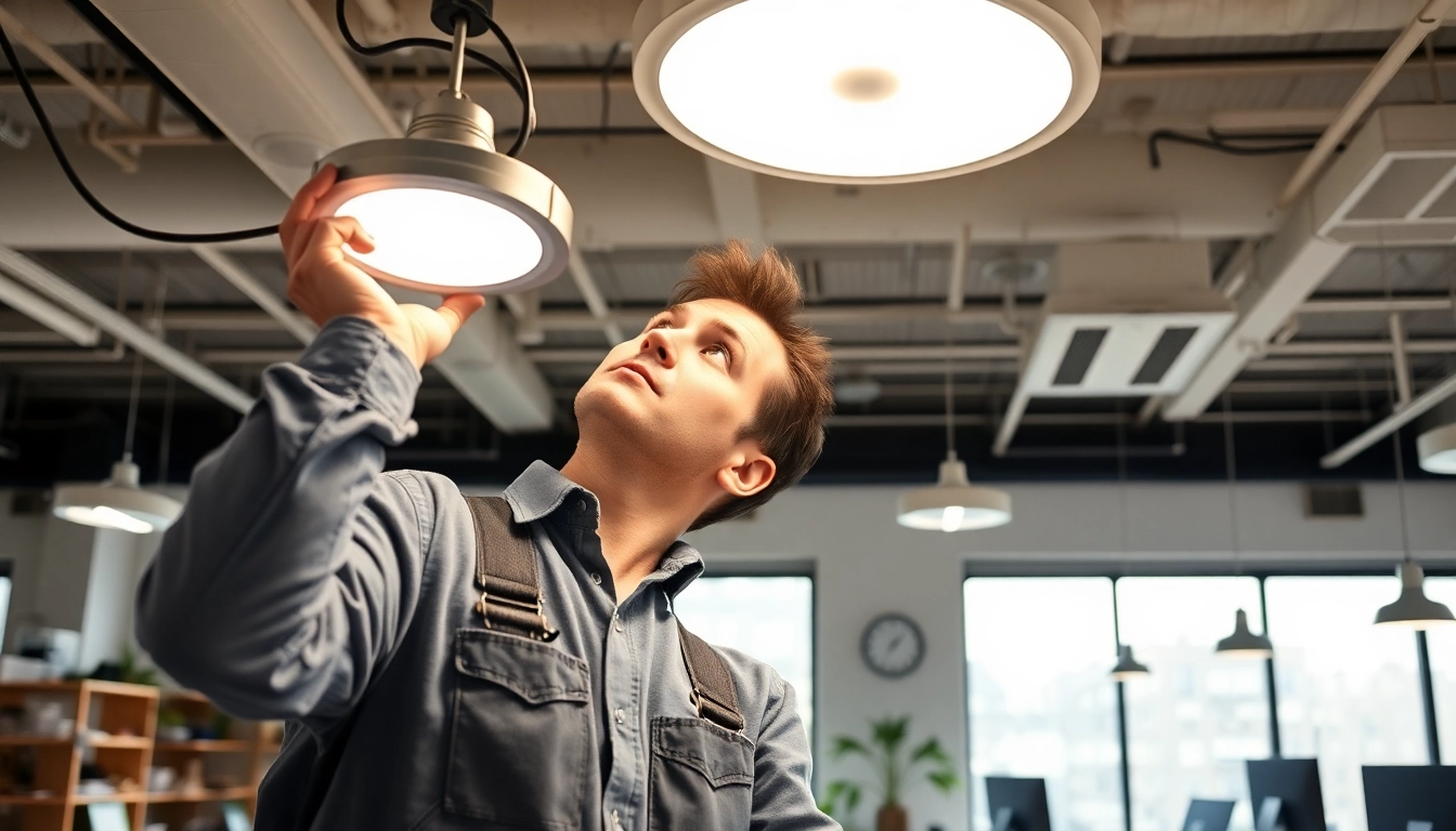 Enhancing lighting maintenance by a skilled technician in a modern office, tech tools visible.