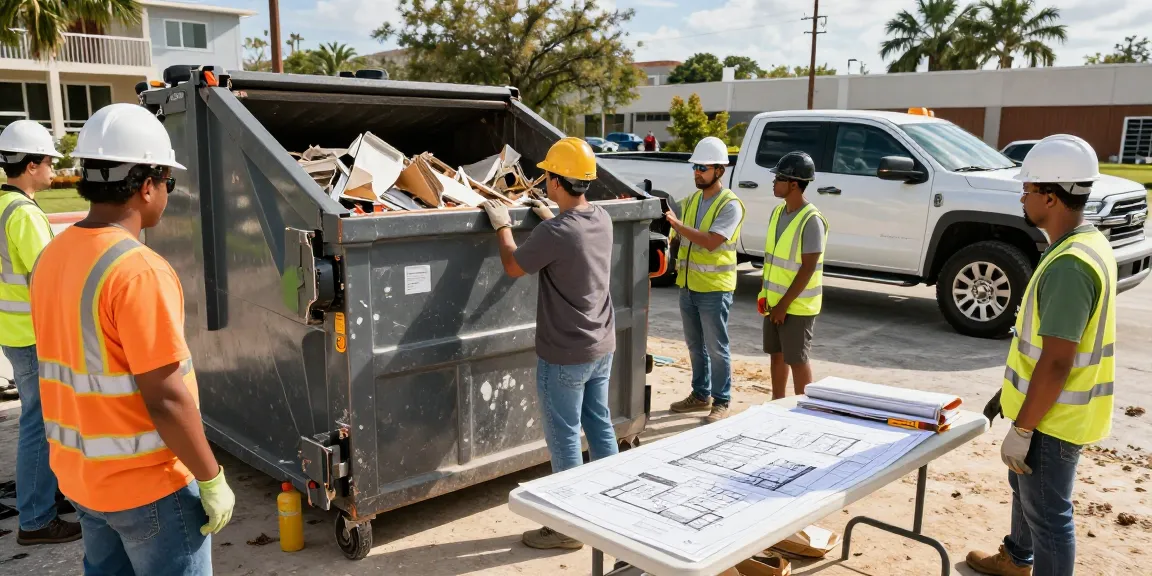 Collaboration at a construction site with professionals utilizing a dumpster rental in Sarasora FL for waste removal.