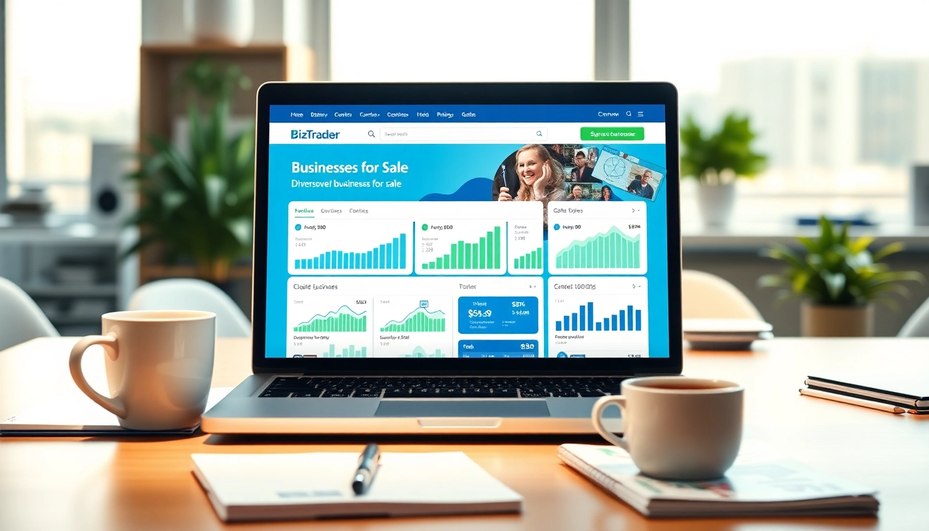 View of a professional BizTrader marketplace interface on a laptop screen amidst a modern office setting.