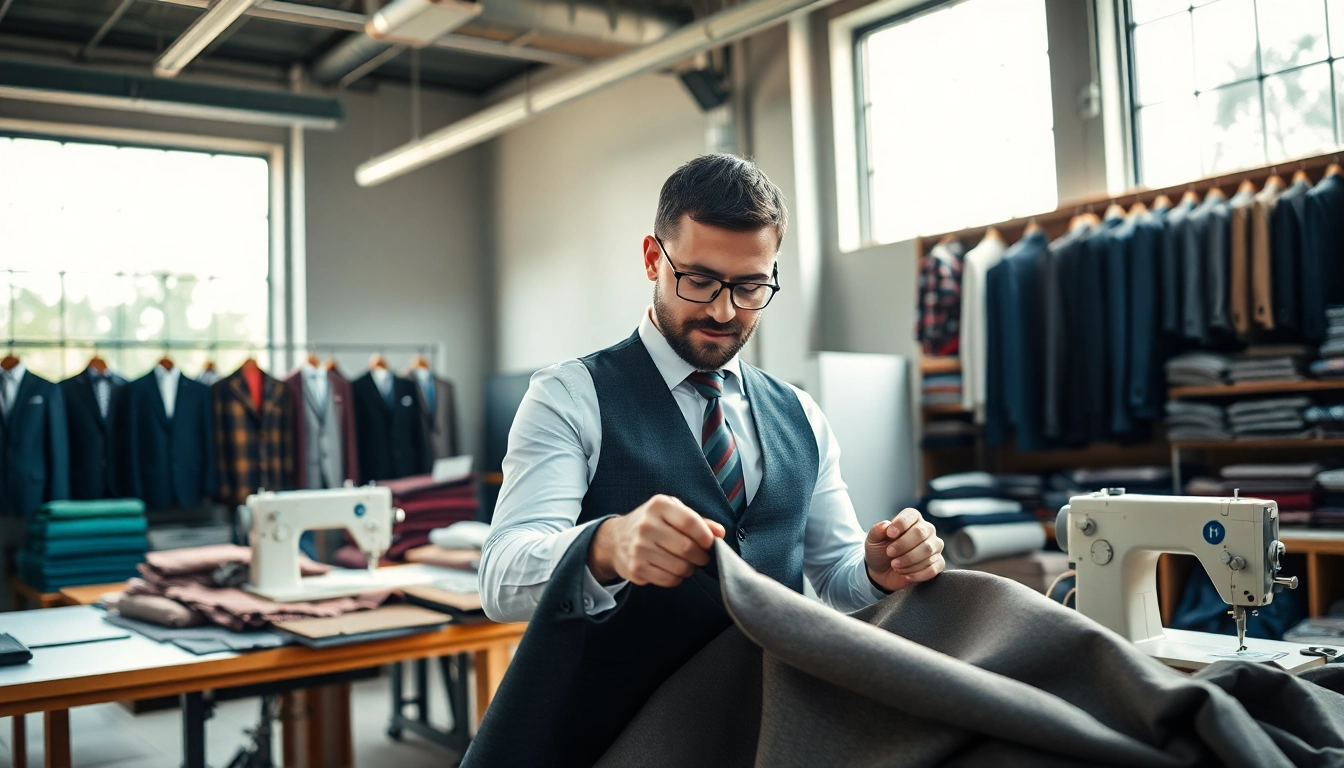 Crafting tailor made bespoke suits in a well-lit workshop with colorful fabrics and elegant designs.