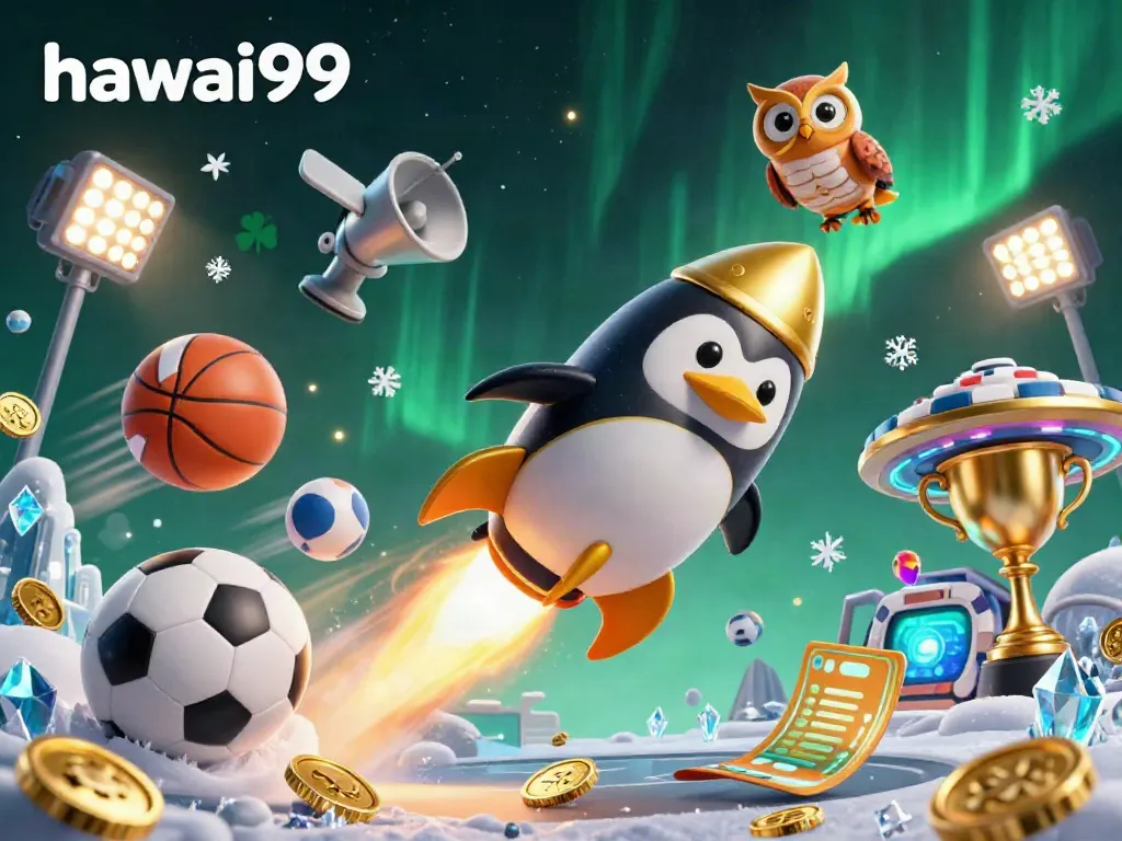 Experience excitement with hawai99 as a golden penguin soars toward a casino space station amid flying sports elements.