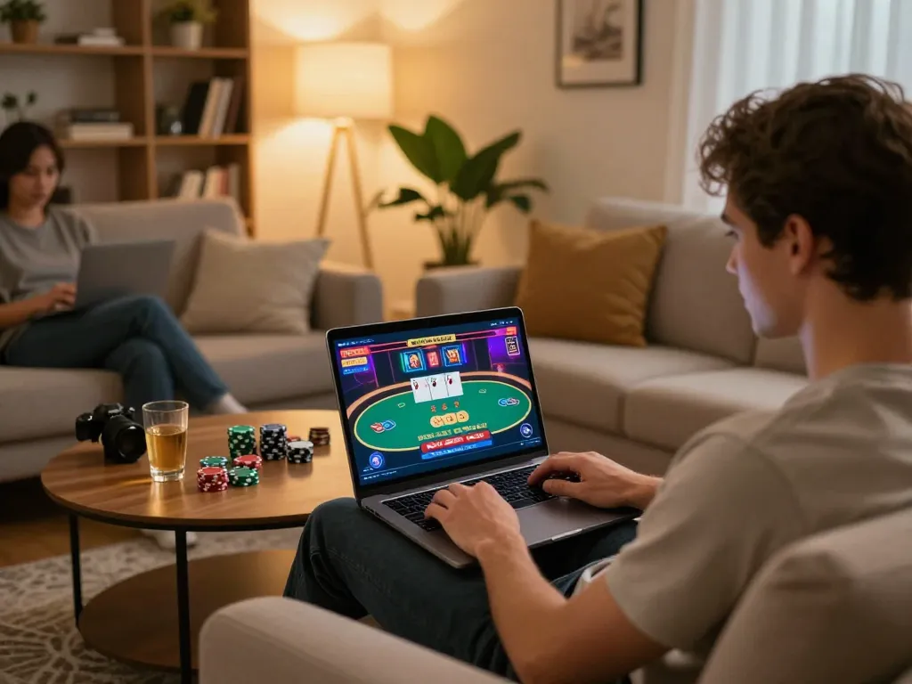 TG88 player engaging in strategic online poker gaming from the comfort of home with a laptop.