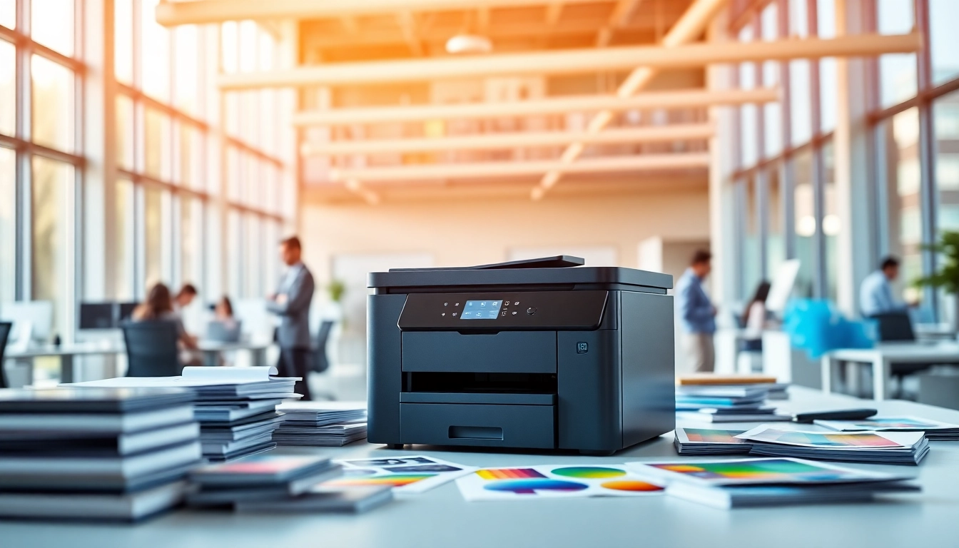 Showcase printers edmonton alberta in a vibrant, modern office with professionals collaborating.