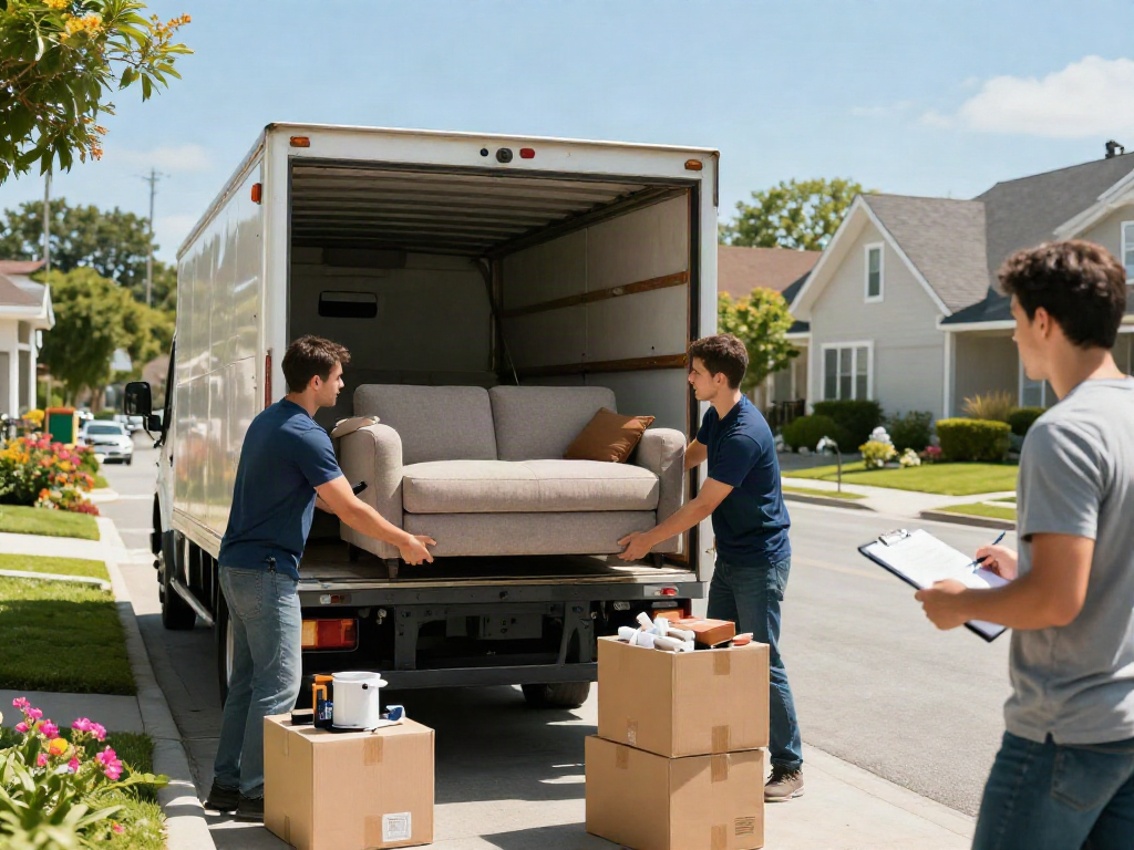 Professional movers skillfully packing a sofa into a truck in a sunny neighborhood, showcasing their expertise in relocation.