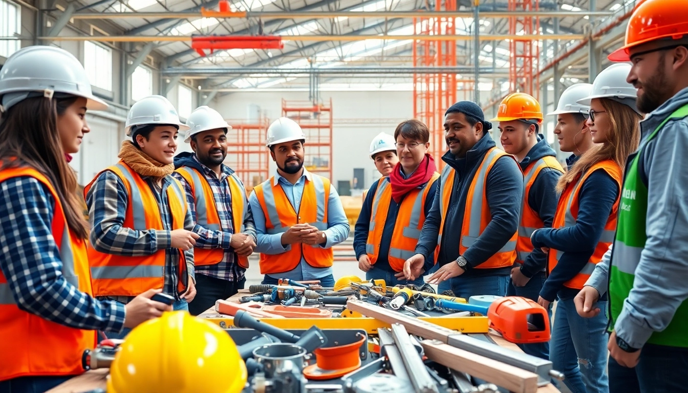 Engaged participants in a construction workforce training program using tools and safety gear.