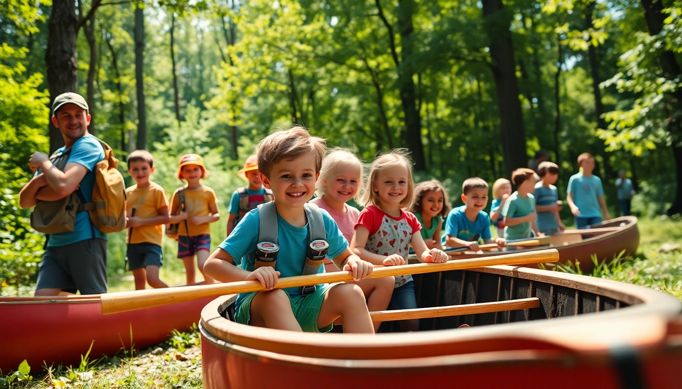 Experience vibrant activities at illinois summer camps, featuring kids hiking and canoeing in a beautiful forest.