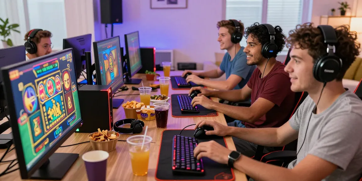 Friends enjoying a thrilling online slot game experience together.