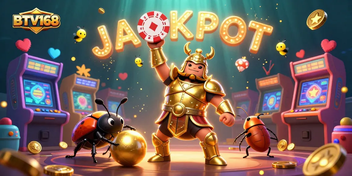 Engage in thrilling moments with BTV168 as cartoon beetles celebrate jackpot wins in a vivid casino scene.