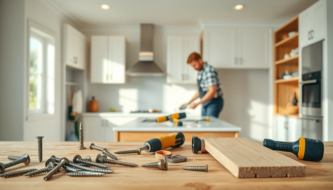 Installers working on a kitchen installation near me, showcasing tools and a modern design.