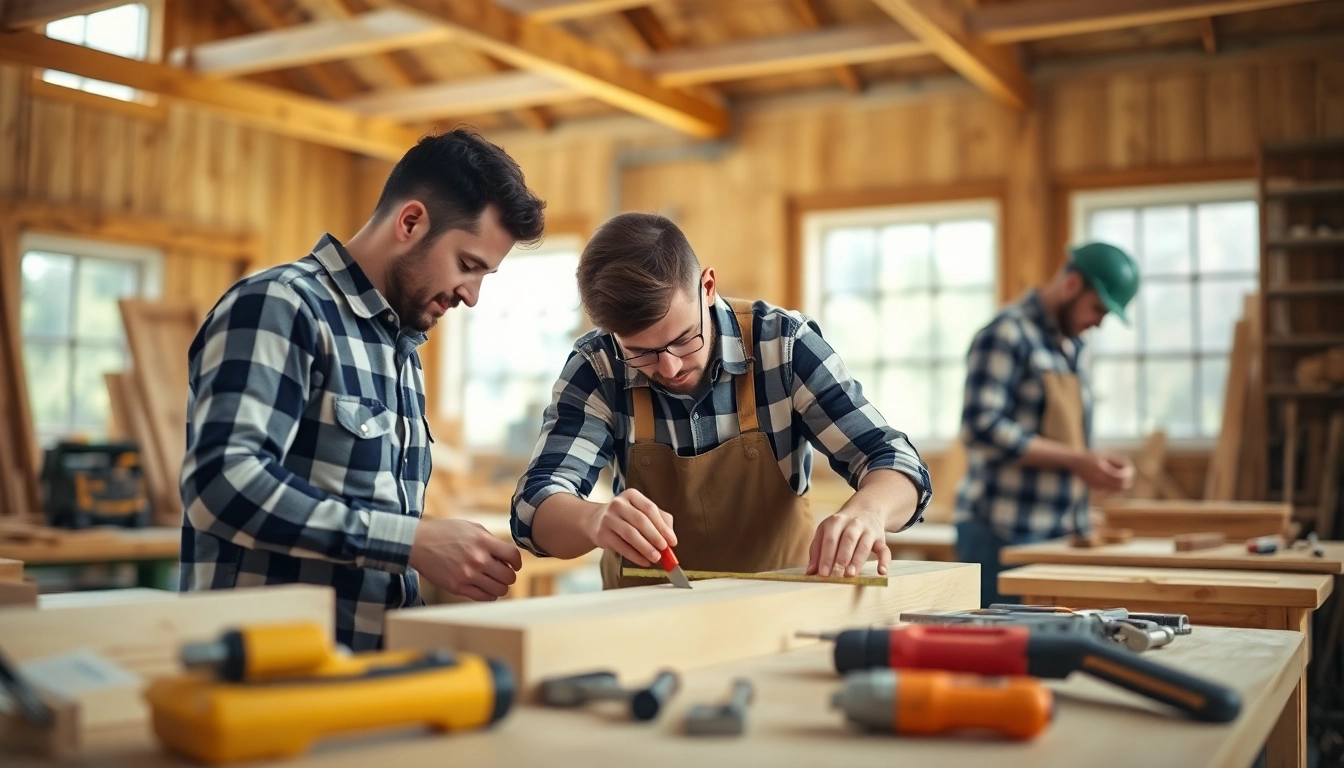 Carpentry apprenticeship training session showcasing carpenters at work with tools.