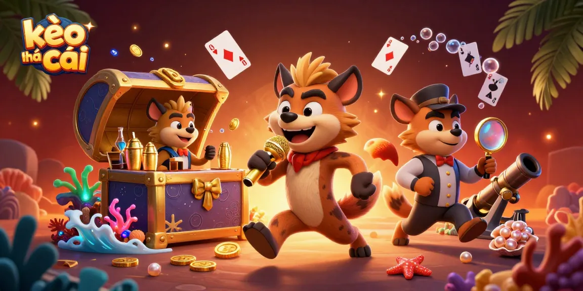 Engage with kèo nhà cái in this vibrant casino scene with hyenas, treasure, and gaming elements.