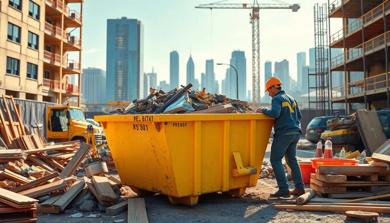 Efficient skip hire service with a bright yellow skip bin in action at a busy construction site.
