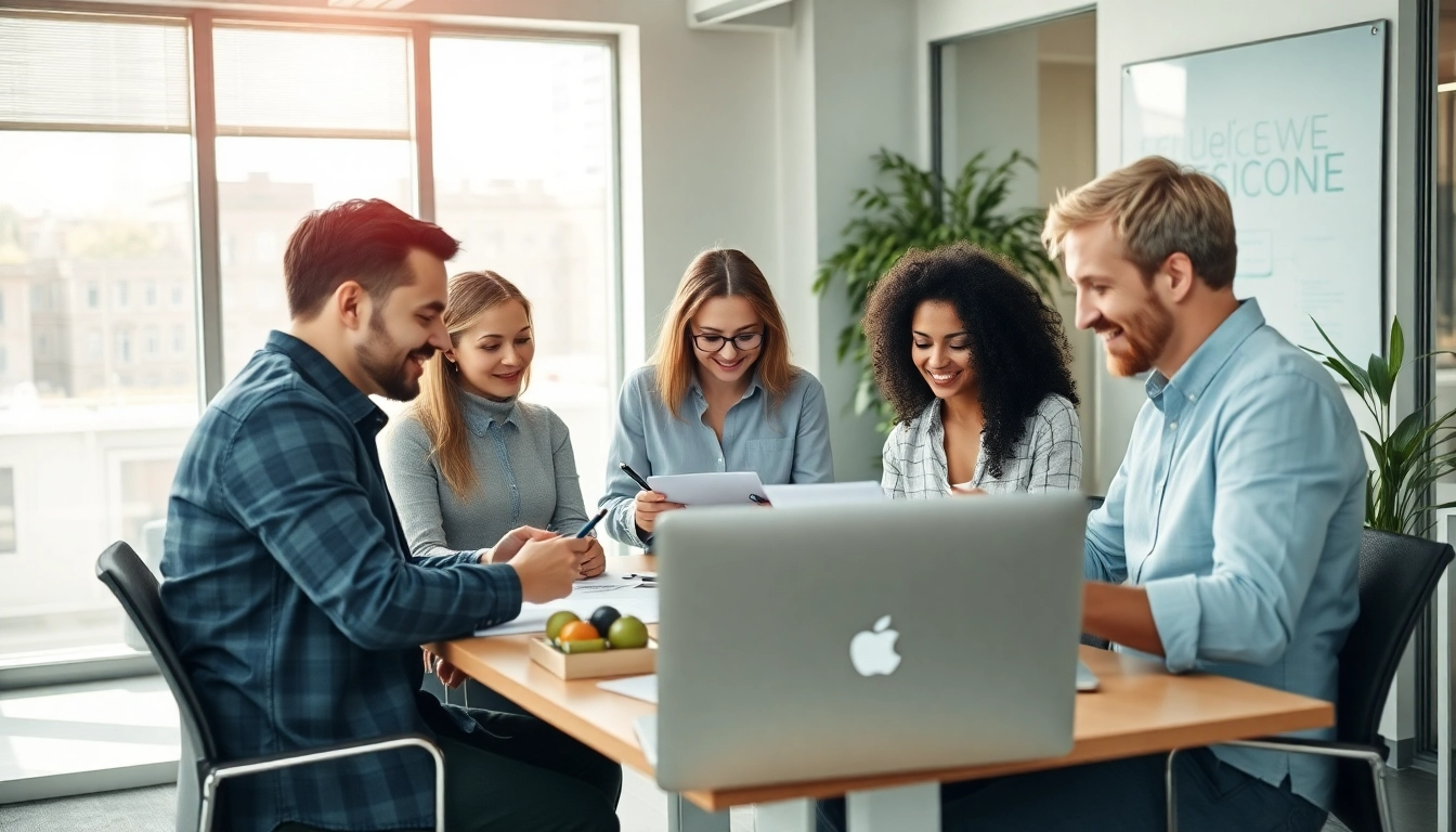 Marketing im Webdesign: Kreatives Team bei der Zusammenarbeit in modernem Büro.
