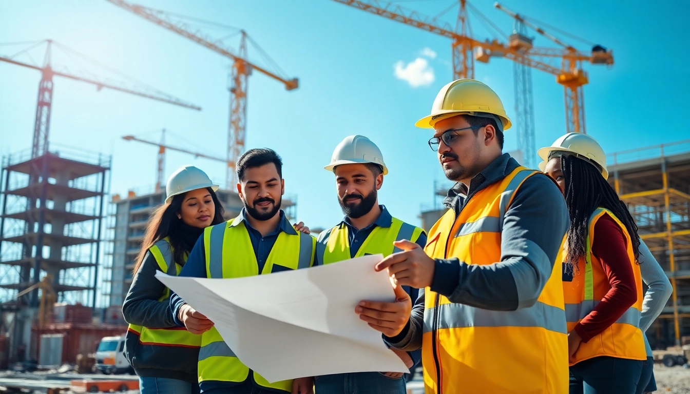 Engaged professionals in construction workforce development collaborating at a vibrant site.