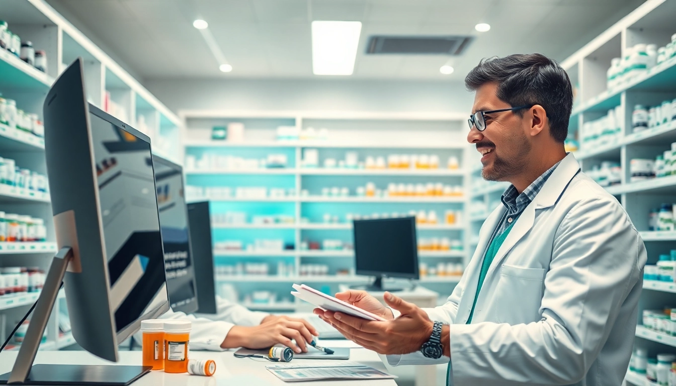Discover safe and reliable online pharmacy services with a pharmacist assisting clients.