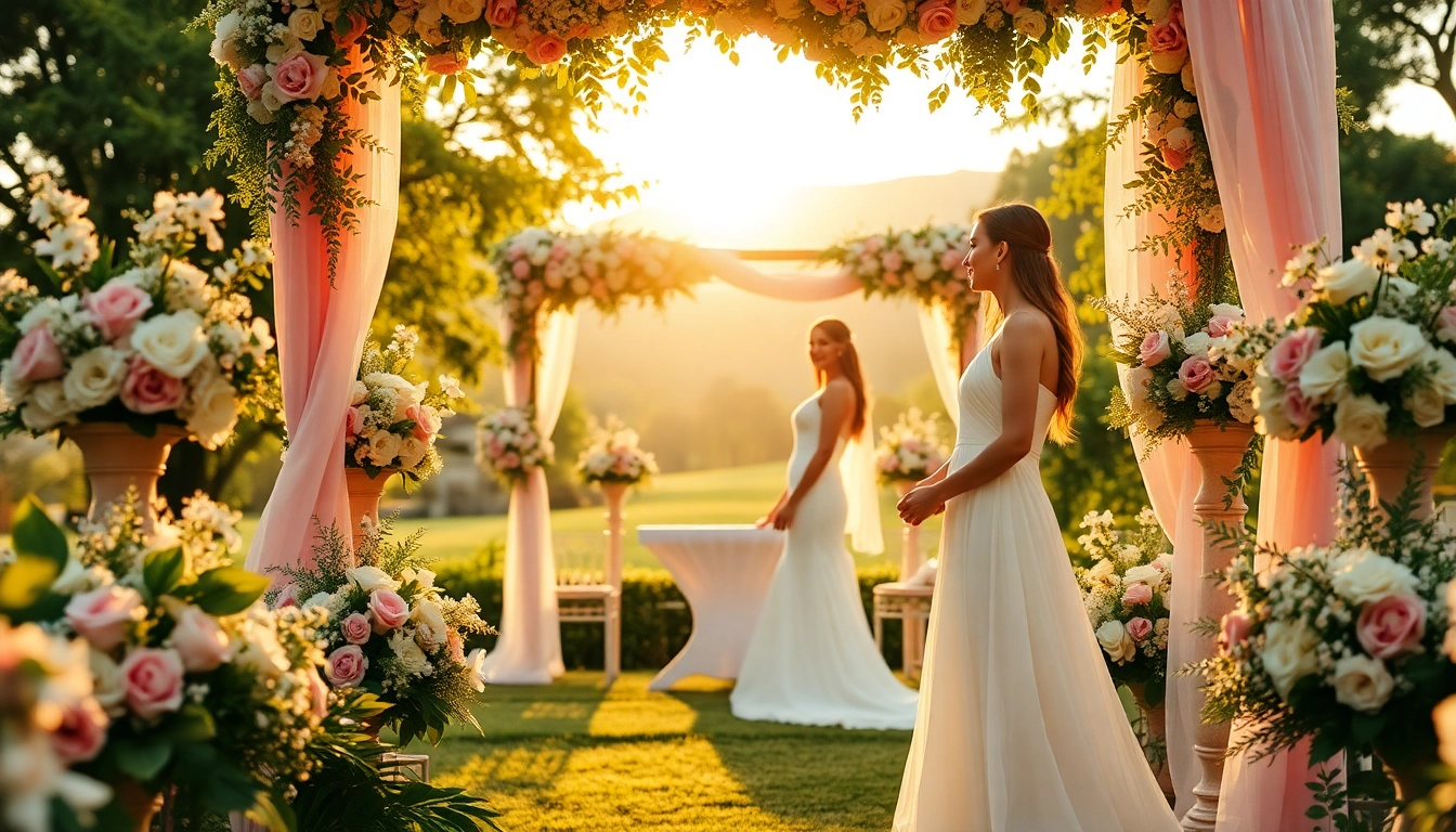 Hochzeit location mit romantischem Paar vor einem blühenden Altar und grünem Hintergrund