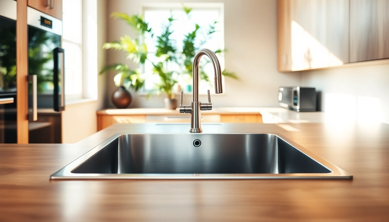 Find a stainless steel kitchen sink near me in a modern kitchen setup with natural light.