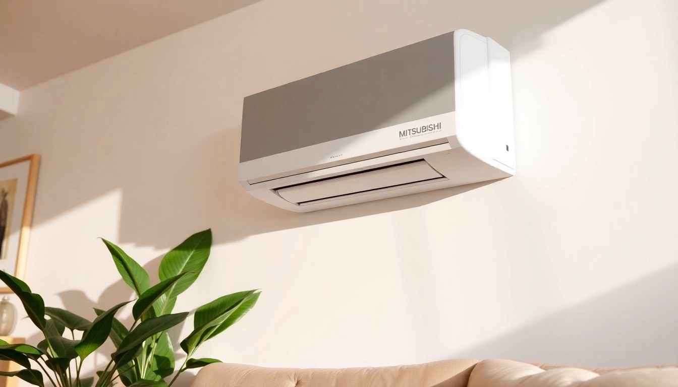 Mitsubishi mini split ac installed in a modern living room with stylish decor, enhancing aesthetics and comfort.