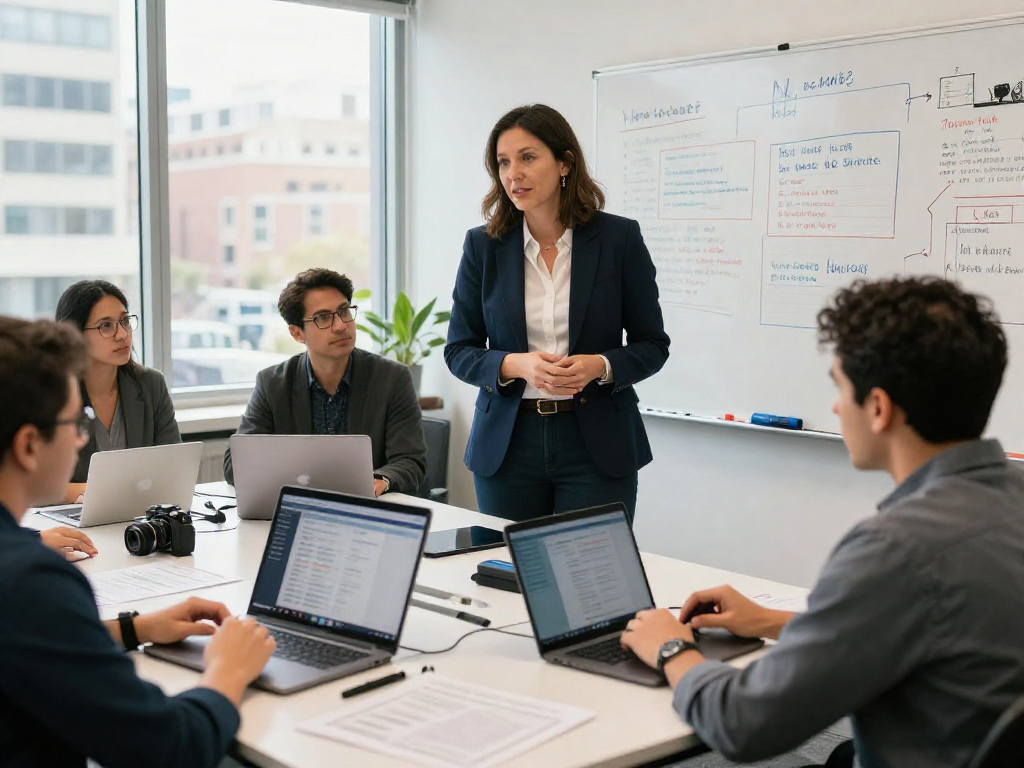 Engaging team discussing debate prep services in a modern office.