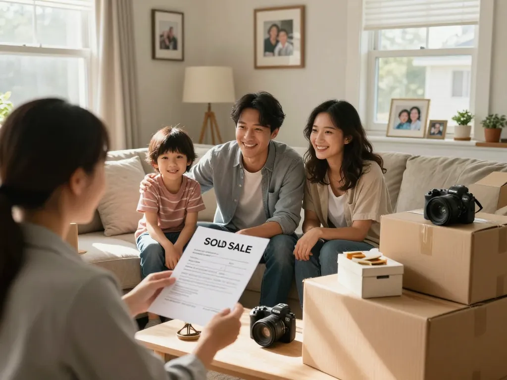 We buy houses for cash in a joyful home-selling scene with smiling family and real estate agent.