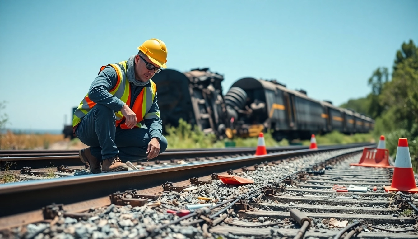 Assessing the impact of a derailment at a railway site with engineers examining track damage.