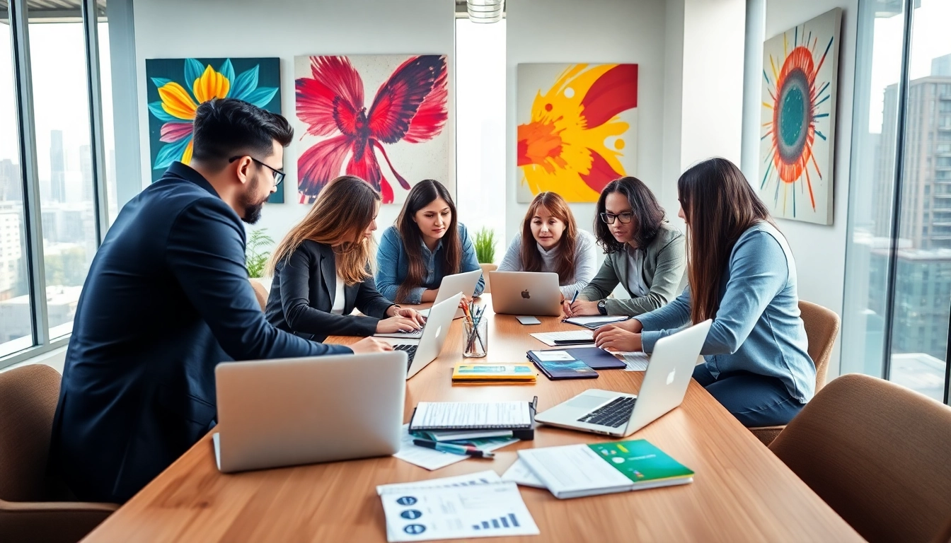 Team members strategizing at a music PR agency, emphasizing collaboration and creativity.